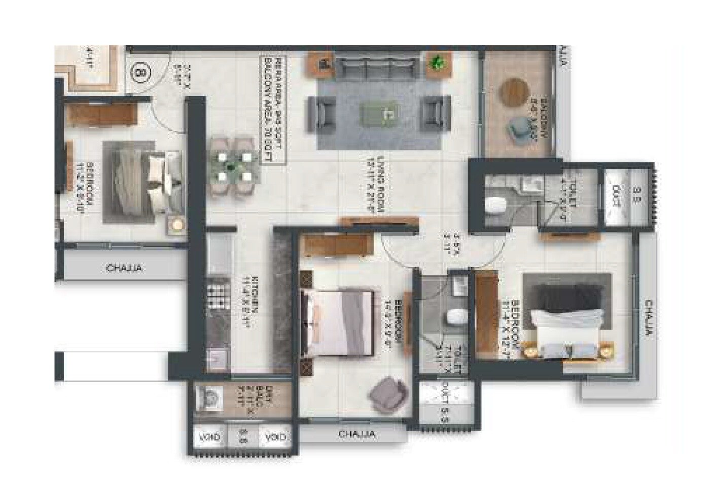 Floor plan of 3 BHK 1014 Sq. Ft. Apartment in Agarwal Floresta ­Java, Mumbai