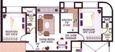 Floor plan of 2 BHK 990 Sq. Ft. Apartment in Agarwal Trinity Towers, Mumbai