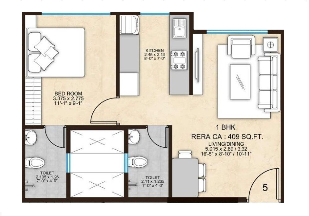 Floor plan of 1 BHK 409 Sq. Ft. Apartment in Agastya Courtyard 9, Mumbai