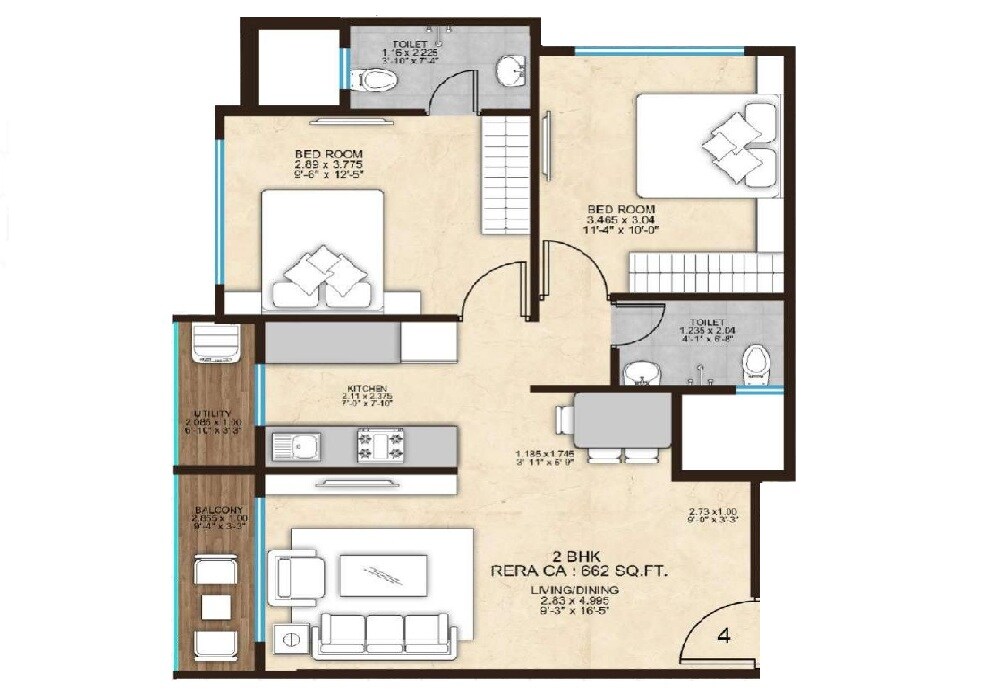 Floor plan of 2 BHK 662 Sq. Ft. Apartment in Agastya Courtyard 9, Mumbai