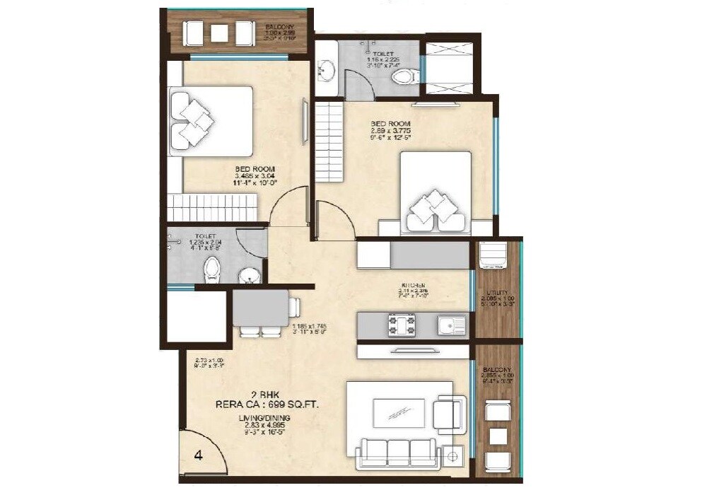 Floor plan of 2 BHK 699 Sq. Ft. Apartment in Agastya Courtyard 9, Mumbai