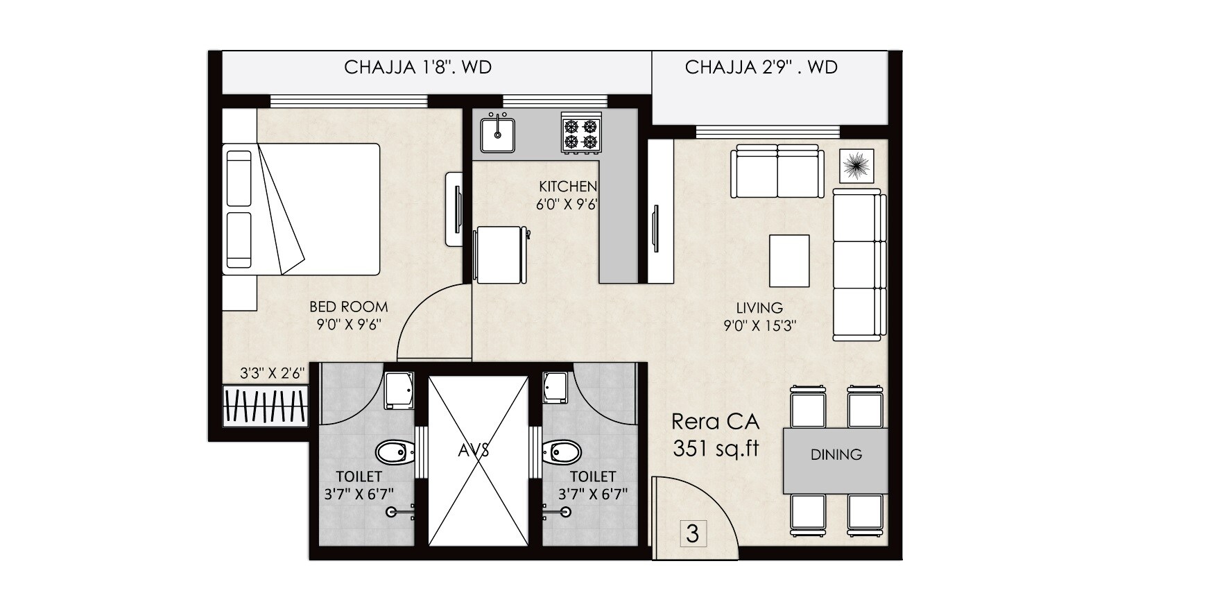 1 BHK 351 Sq. Ft. Apartment