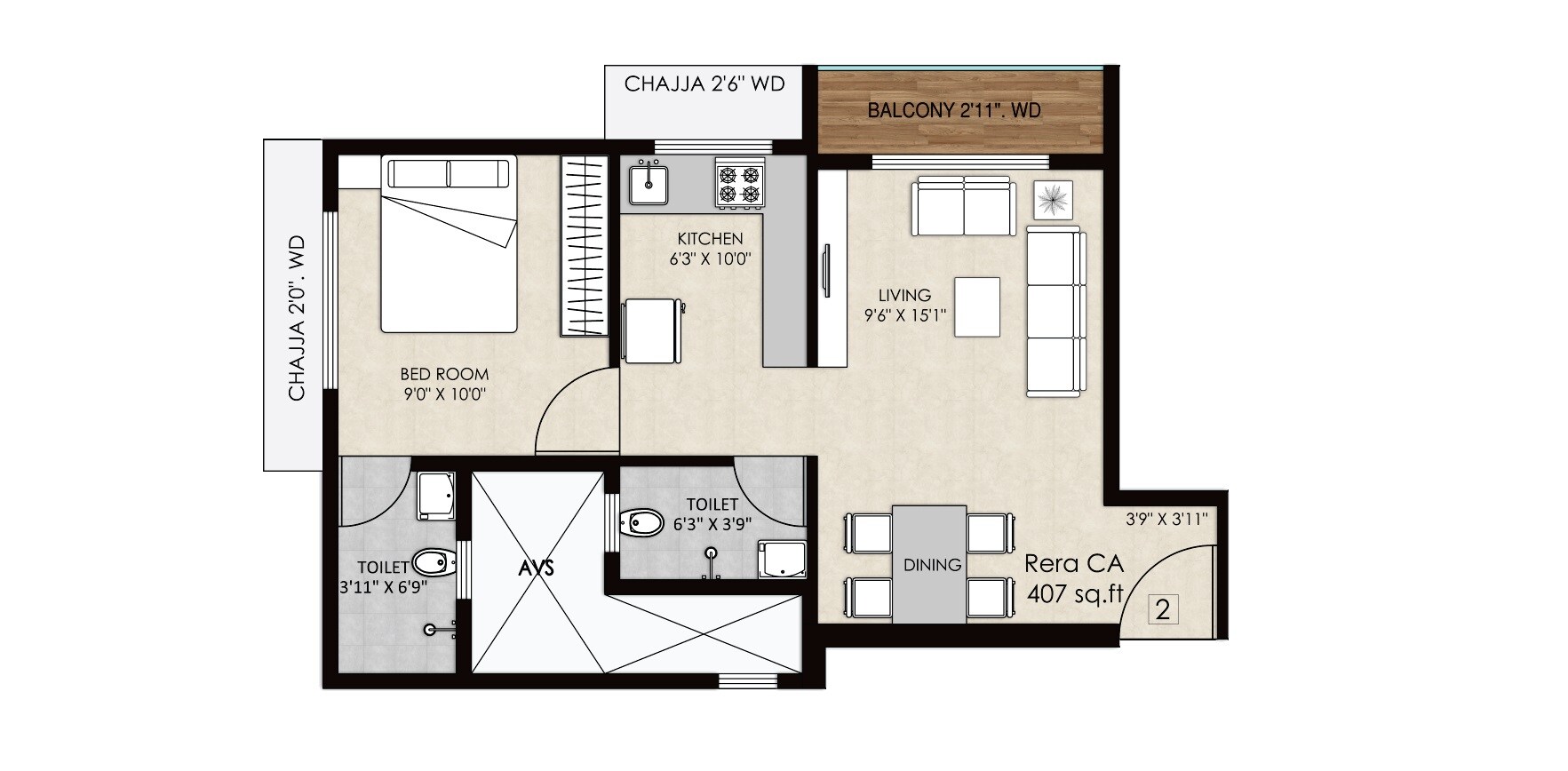 1 BHK 407 Sq. Ft. Apartment