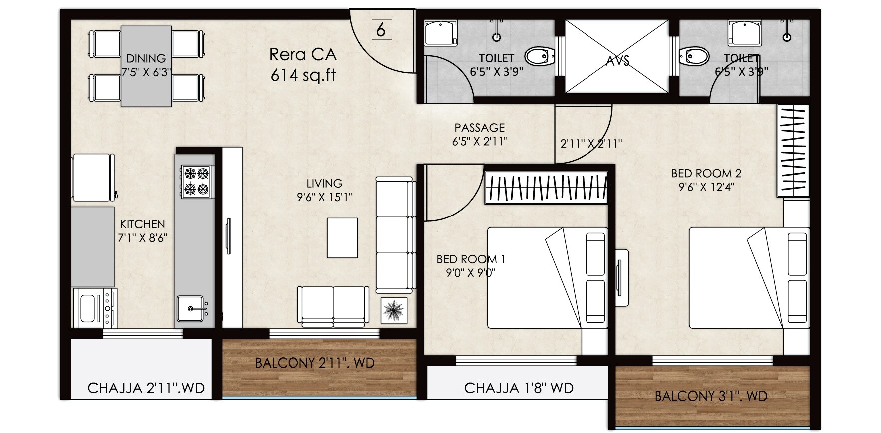 2 BHK 614 Sq. Ft. Apartment