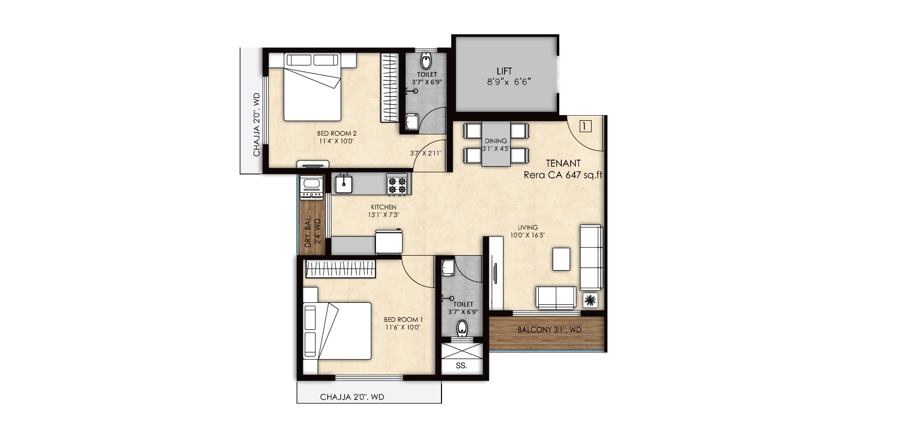 2 BHK 647 Sq. Ft. Apartment