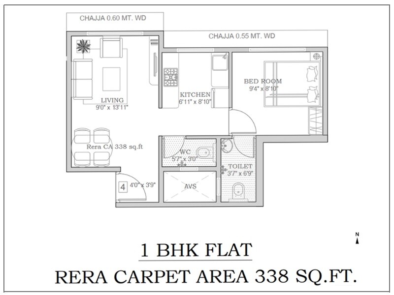 Floor plan of 1 BHK 338 Sq. Ft. Apartment in Agastya Signature, Mumbai
