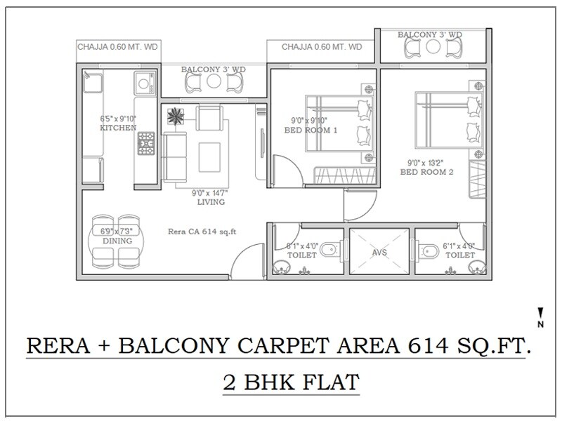 Floor plan of 2 BHK 614 Sq. Ft. Apartment in Agastya Signature, Mumbai