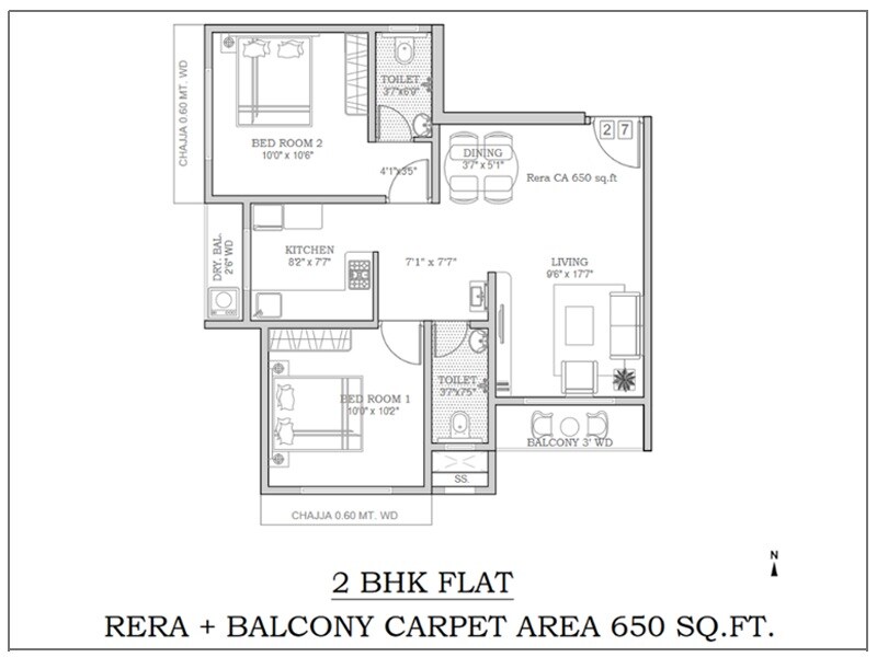Floor plan of 2 BHK 650 Sq. Ft. Apartment in Agastya Signature, Mumbai
