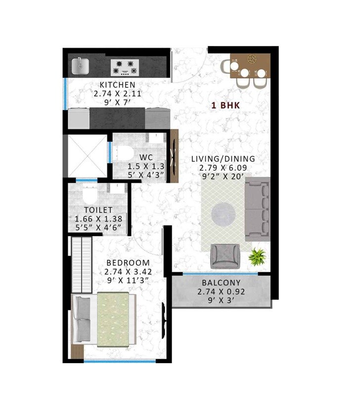 Floor plan of 1 BHK 363 Sq. Ft. Apartment in Agrawal Phoenix, Mumbai