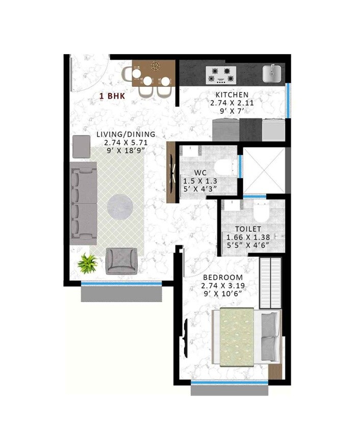 Floor plan of 1 BHK 461 Sq. Ft. Apartment in Agrawal Phoenix, Mumbai