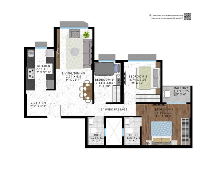 Floor plan of 2 BHK 592 Sq. Ft. Apartment in Agrawal Phoenix, Mumbai