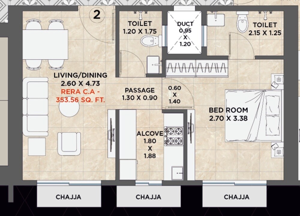 Floor plan of 1 BHK 353 Sq. Ft. Apartment in AH Avenue, Mumbai