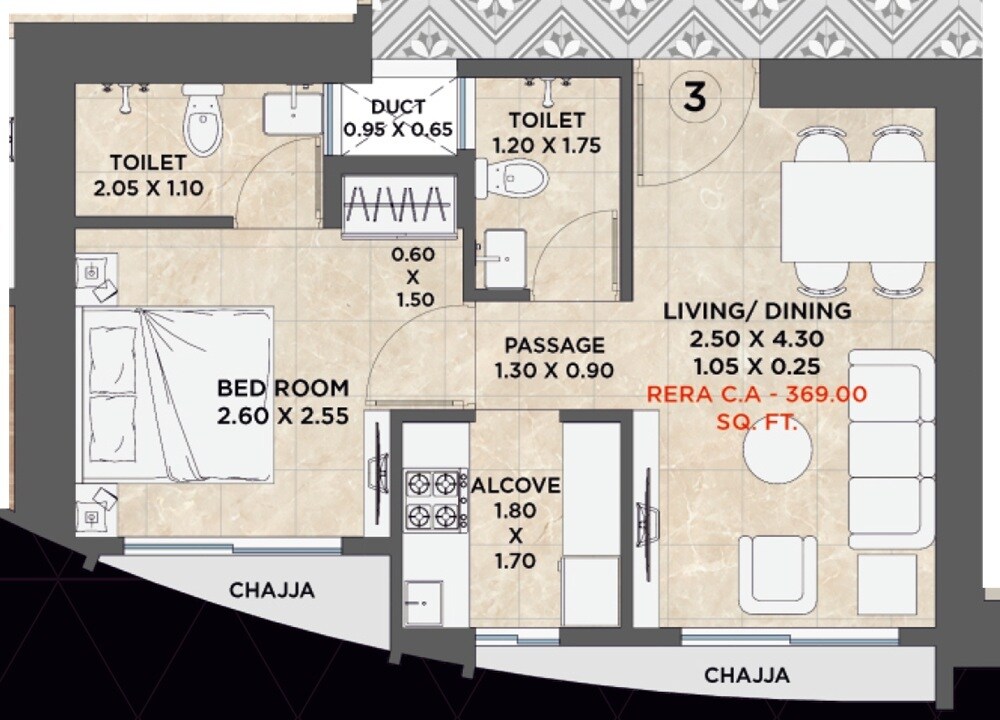 Floor plan of 1 BHK 369 Sq. Ft. Apartment in AH Avenue, Mumbai