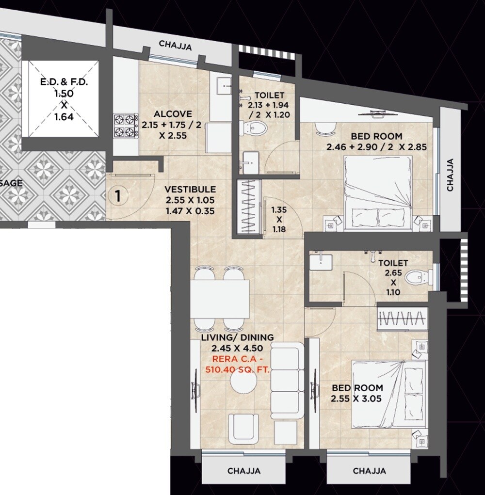 Floor plan of 2 BHK 510 Sq. Ft. Apartment in AH Avenue, Mumbai