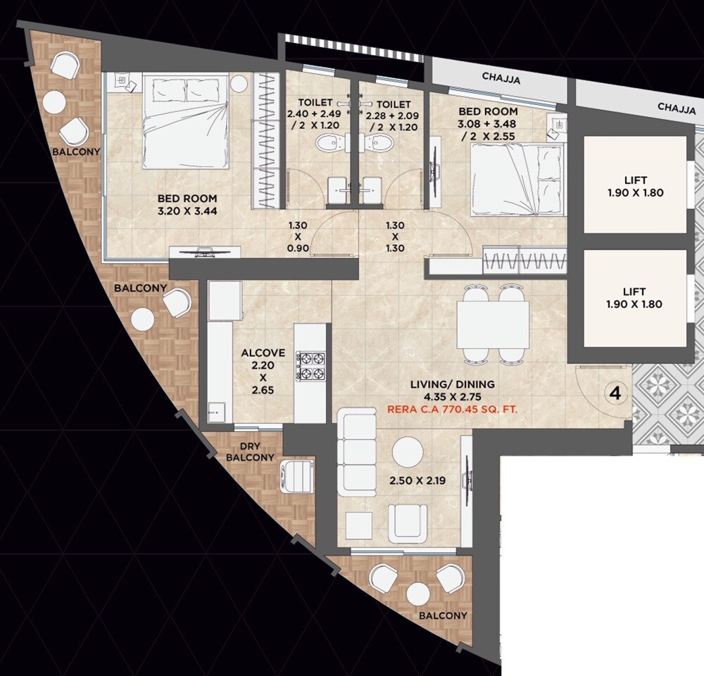 Floor plan of 2 BHK 770 Sq. Ft. Apartment in AH Avenue, Mumbai