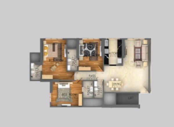 Floor plan of 3 BHK 1250 Sq. Ft. Apartment in AH Heights, Mumbai