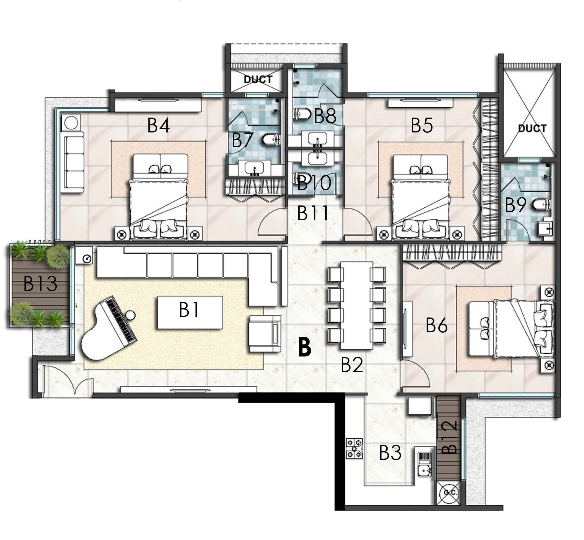 Floor plan of 3 BHK 1551 Sq. Ft. Apartment in Ahuja Altus Towers, Mumbai