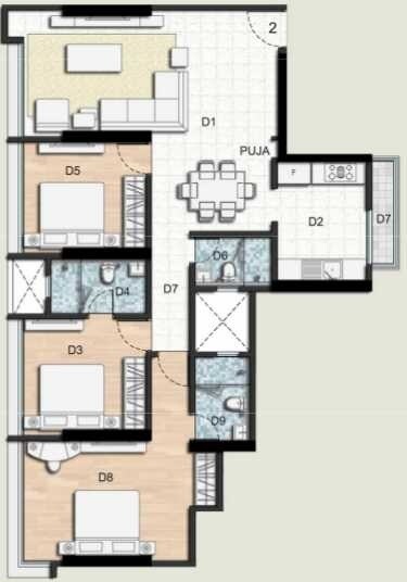Floor plan of 3 BHK 1251 Sq. Ft. Apartment in Ahuja BBJ Lamor, Mumbai