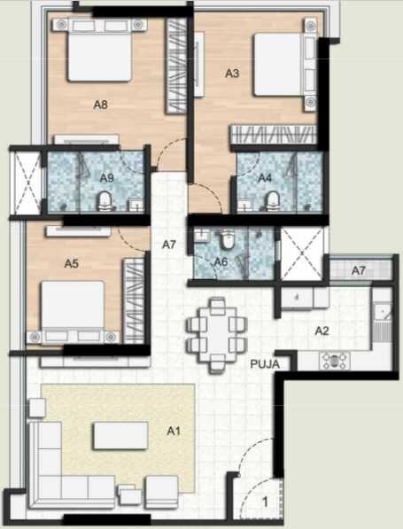 Floor plan of 3 BHK 1173 Sq. Ft. Apartment in Ahuja BBJ Lamor, Mumbai