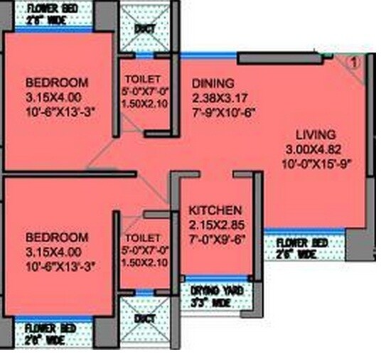 Floor plan of 2 BHK 1135 Sq. Ft. Apartment in Ahuja Clubbe Life, Mumbai