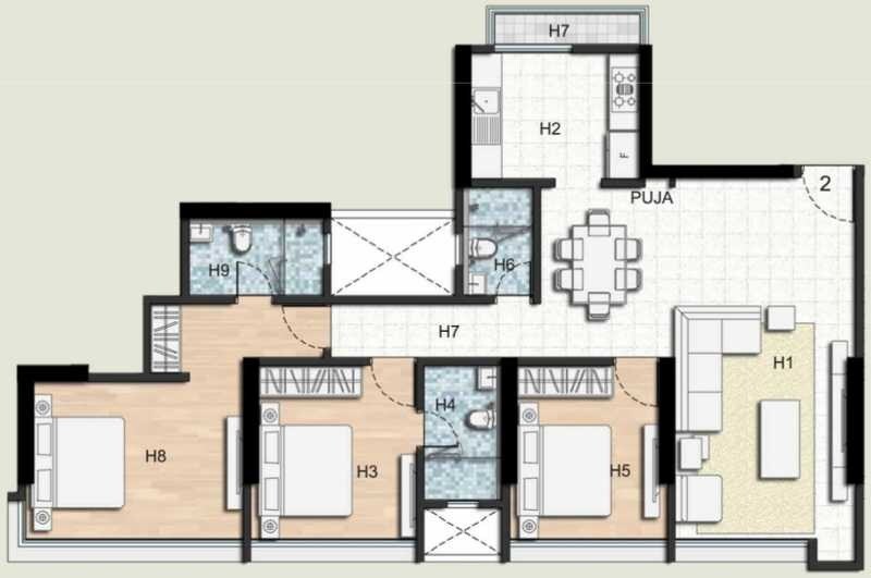 Floor plan of 3 BHK 1008 Sq. Ft. Apartment in Ahuja Lamor, Mumbai