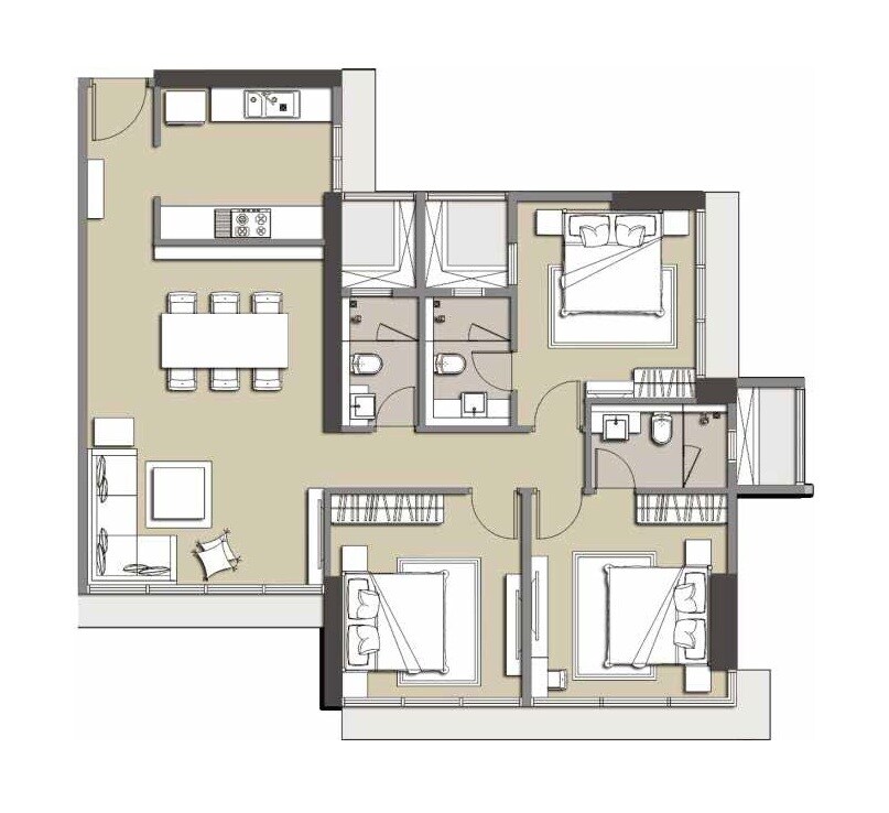 Floor plan of 3 BHK 1050 Sq. Ft. Apartment in Ahuja Linkpark, Mumbai