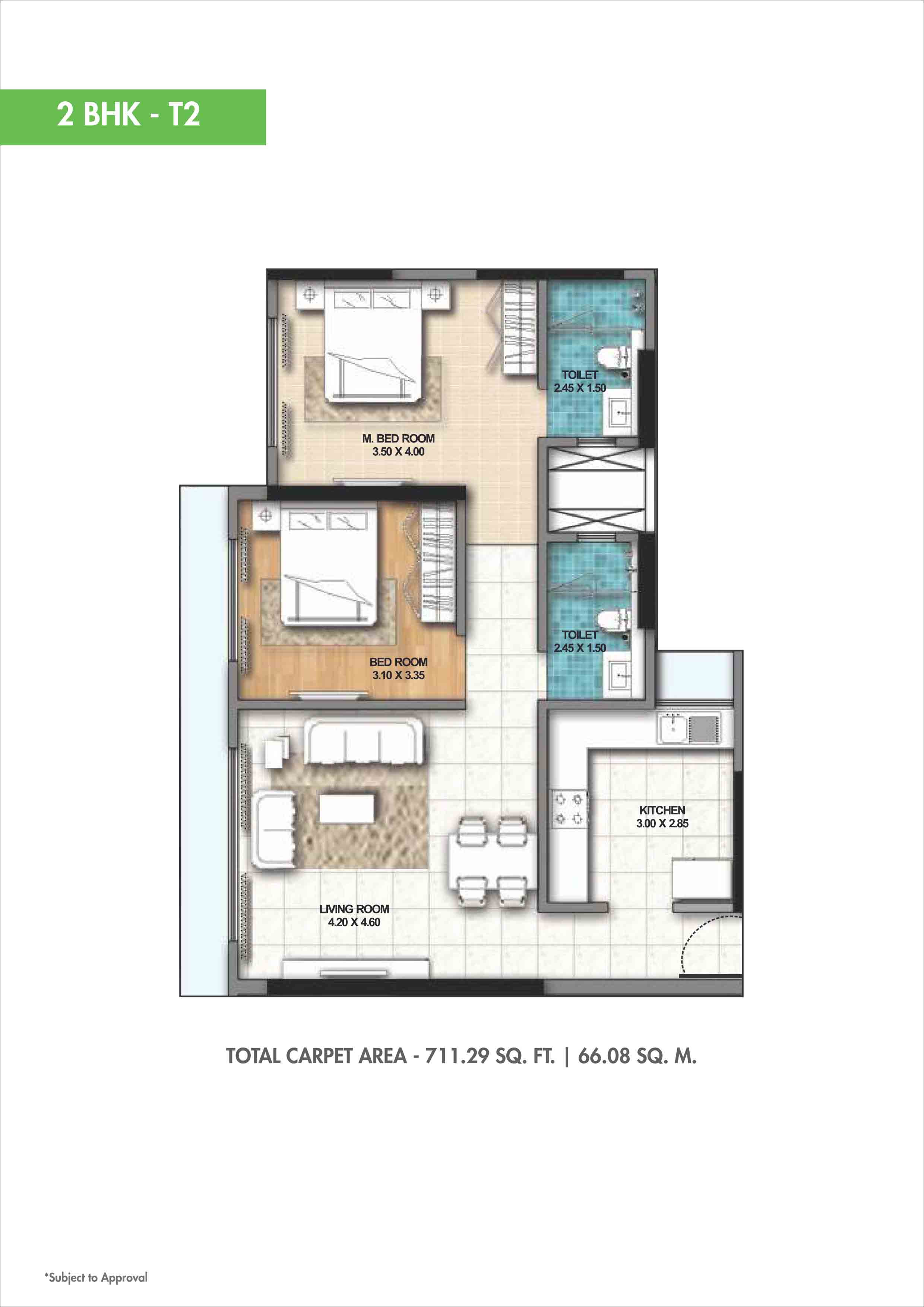 Floor plan of 2 BHK 711 Sq. Ft. Apartment in Ahuja O2, Mumbai