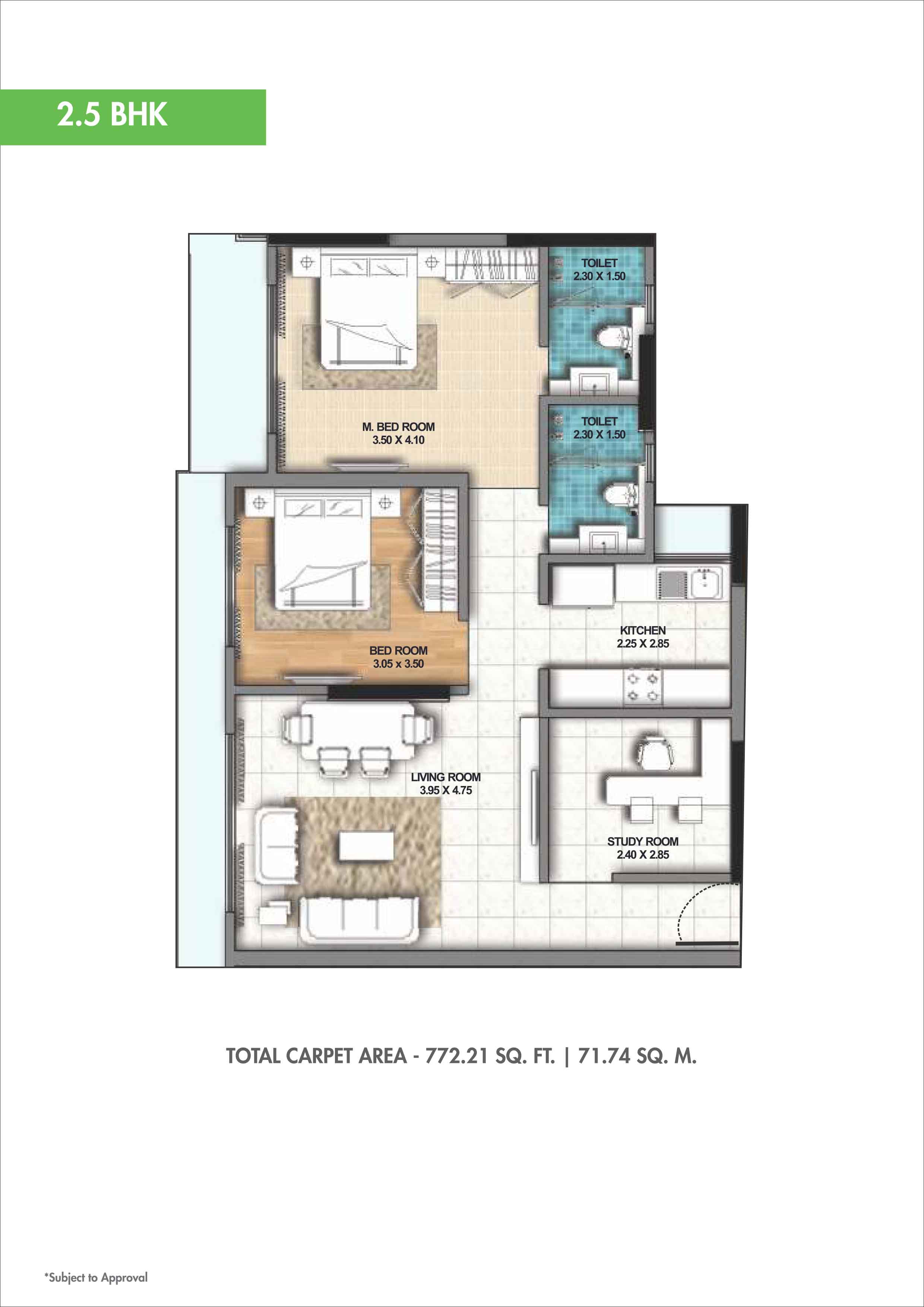 Floor plan of 2 BHK 772 Sq. Ft. Apartment in Ahuja O2, Mumbai