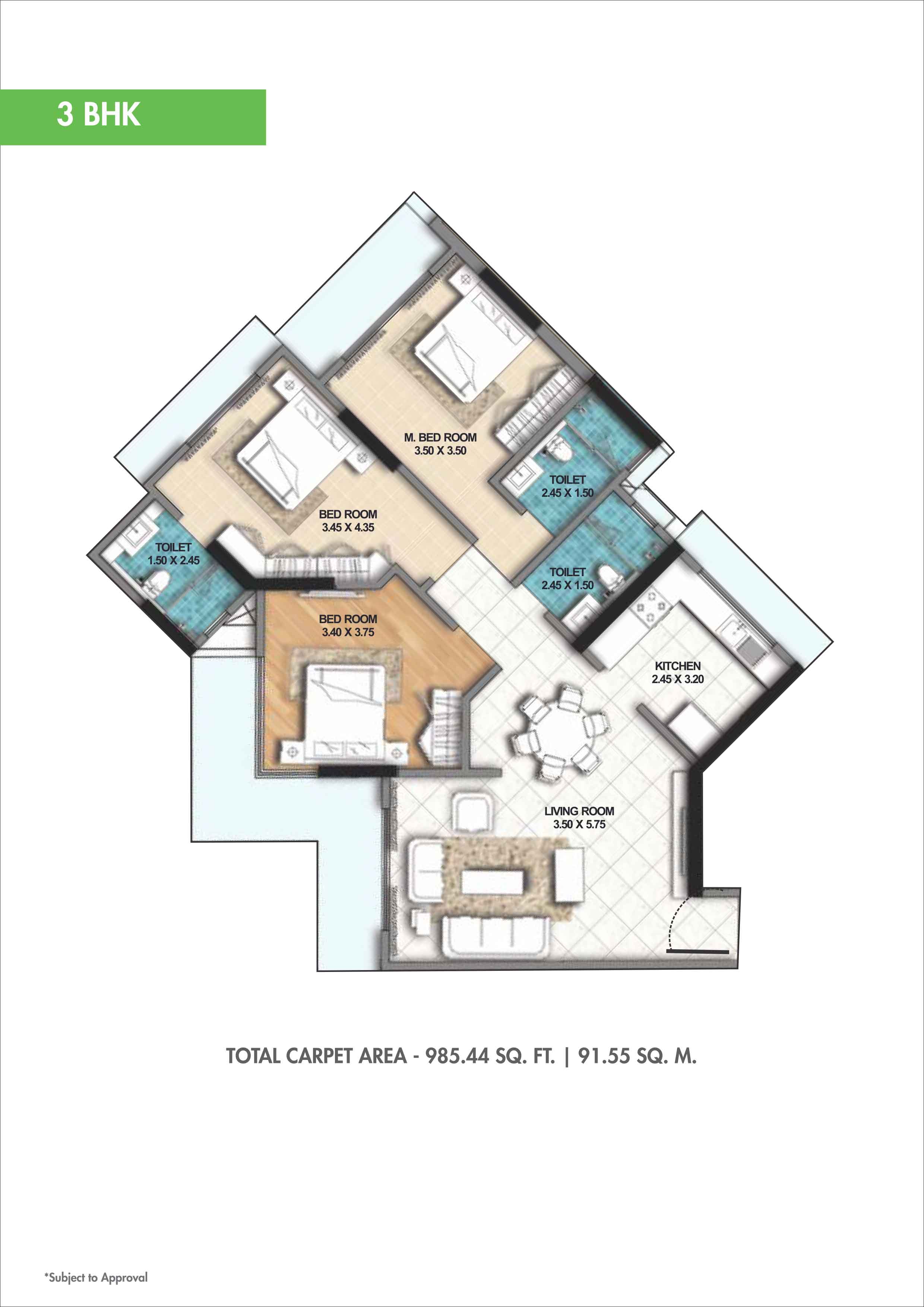 Floor plan of 3 BHK 985 Sq. Ft. Apartment in Ahuja O2, Mumbai
