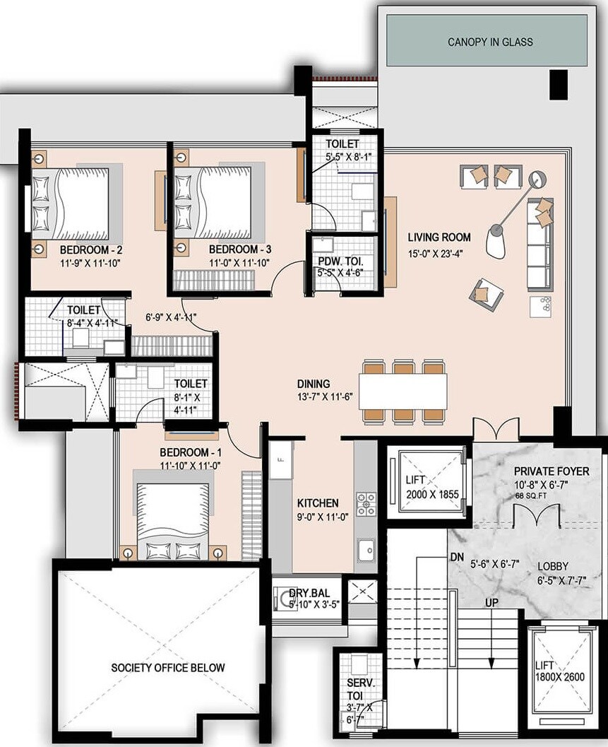 Floor plan of 3 BHK 1330 Sq. Ft. Apartment in Aikya Eklavya House, Mumbai