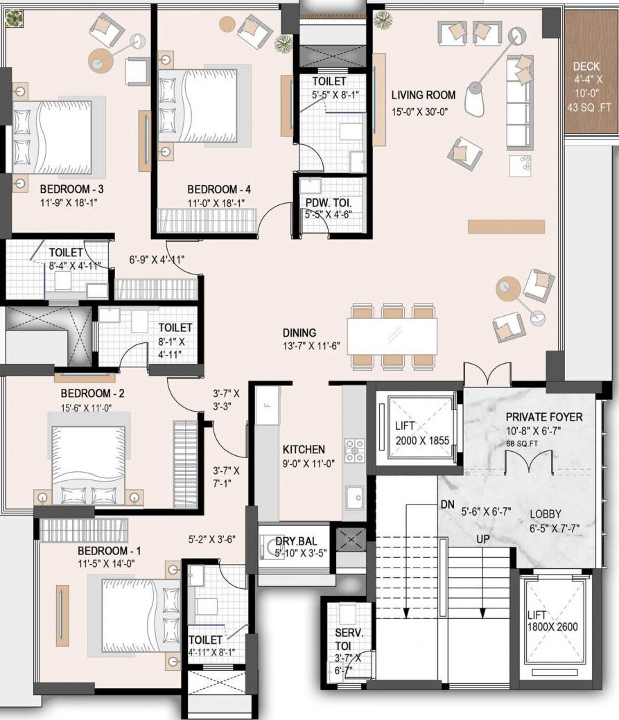 4 BHK 1950 Sq. Ft. Apartment