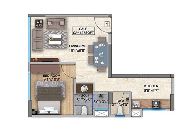 Floor plan of 1 BHK 427 Sq. Ft. Apartment in Aikya Heights Mazgaon, Mumbai