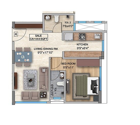 Floor plan of 1 BHK 444 Sq. Ft. Apartment in Aikya Heights Mazgaon, Mumbai