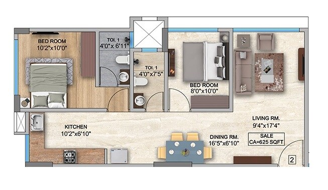 Floor plan of 2 BHK 625 Sq. Ft. Apartment in Aikya Heights Mazgaon, Mumbai