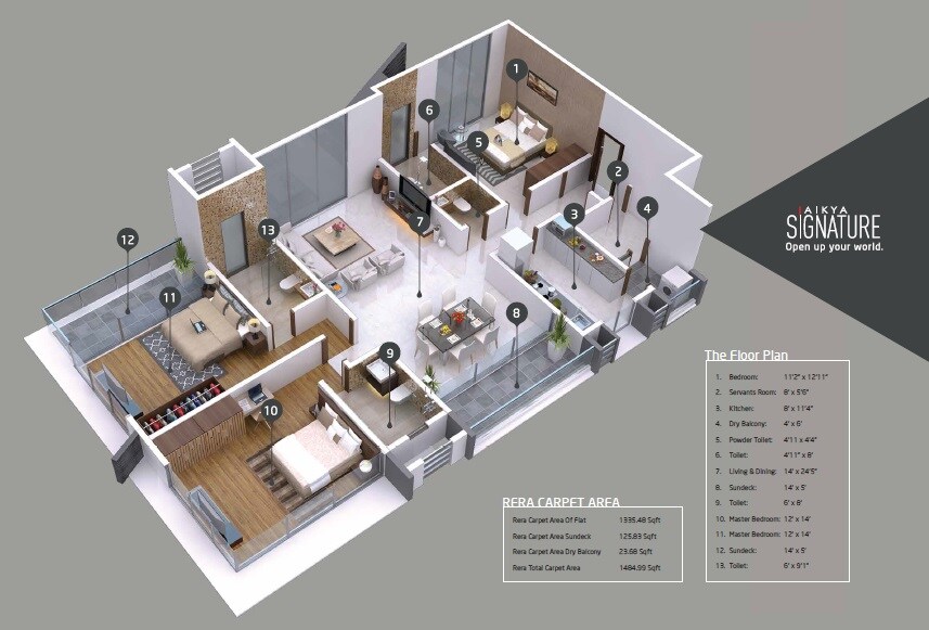 Floor plan of 3 BHK 1335 Sq. Ft. Apartment in Aikya Signature, Mumbai