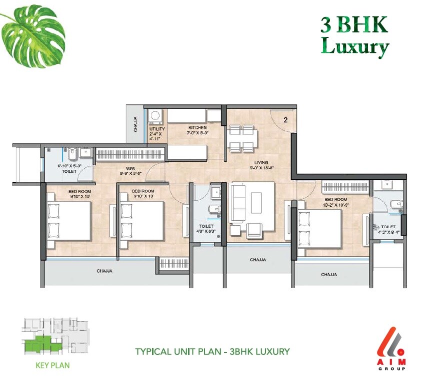 Floor plan of 3 BHK 771 Sq. Ft. Apartment in AIM Avenue, Mumbai