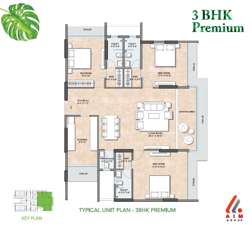 Floor plan of 3 BHK 1309 Sq. Ft. Apartment in AIM Avenue, Mumbai