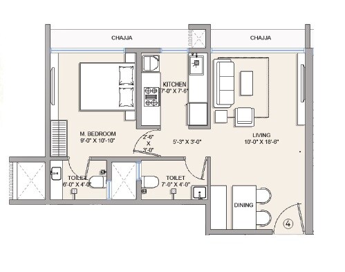 Floor plan of 1 BHK 398 Sq. Ft. Apartment in AIM Garden, Mumbai
