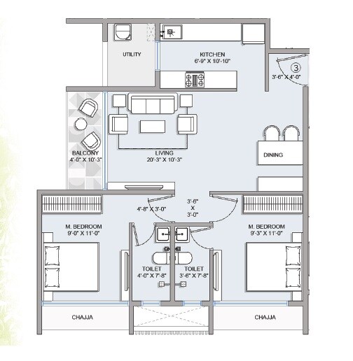 Floor plan of 2 BHK 969 Sq. Ft. Apartment in AIM Garden, Mumbai