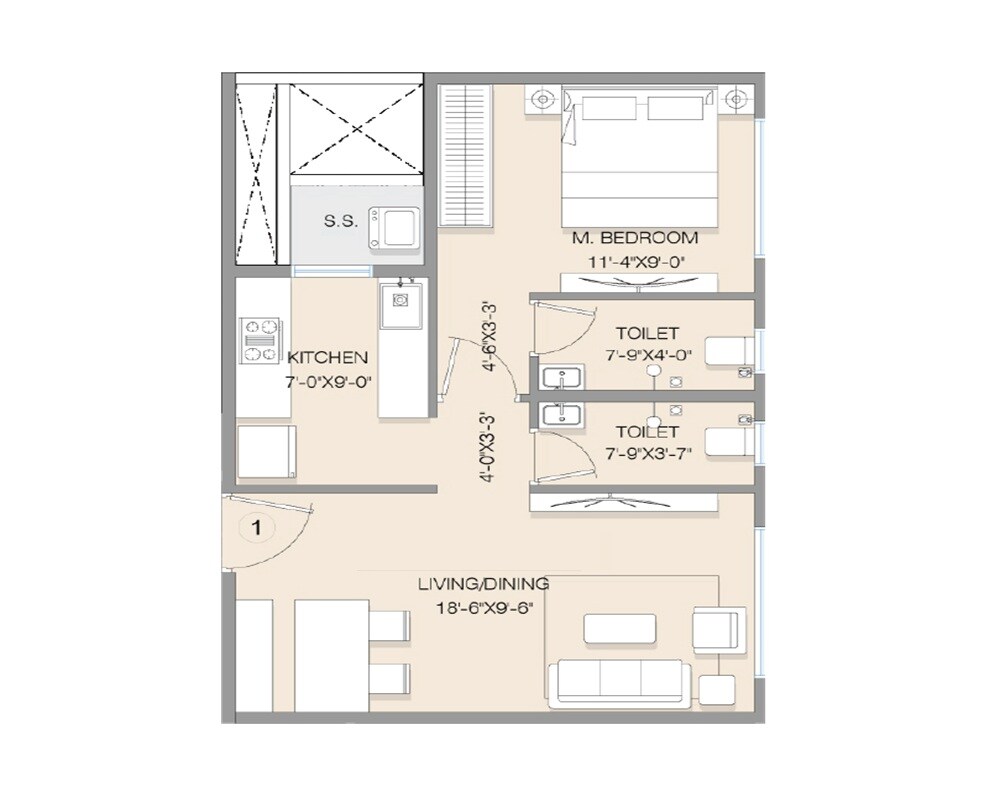 1 BHK 458 Sq. Ft. Apartment