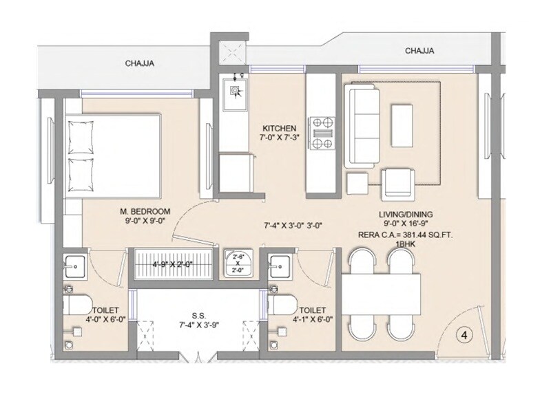 Floor plan of 1 BHK 381 Sq. Ft. Apartment in Aim Horizon, Mumbai