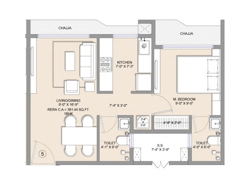 Floor plan of 1 BHK 398 Sq. Ft. Apartment in Aim Horizon, Mumbai