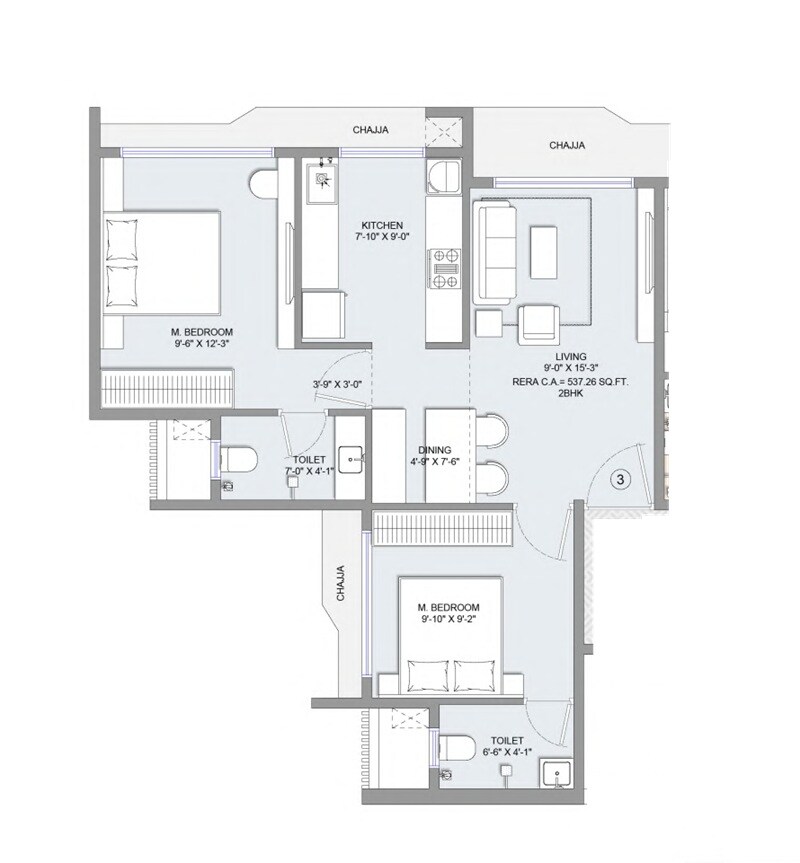 Floor plan of 2 BHK 537 Sq. Ft. Apartment in Aim Horizon, Mumbai