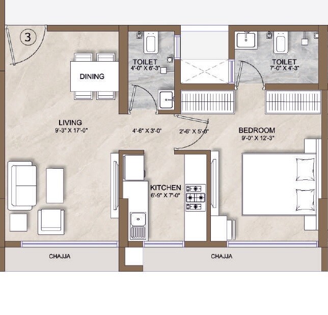 Floor plan of 1 BHK 416 Sq. Ft. Apartment in AIM Paradise, Mumbai
