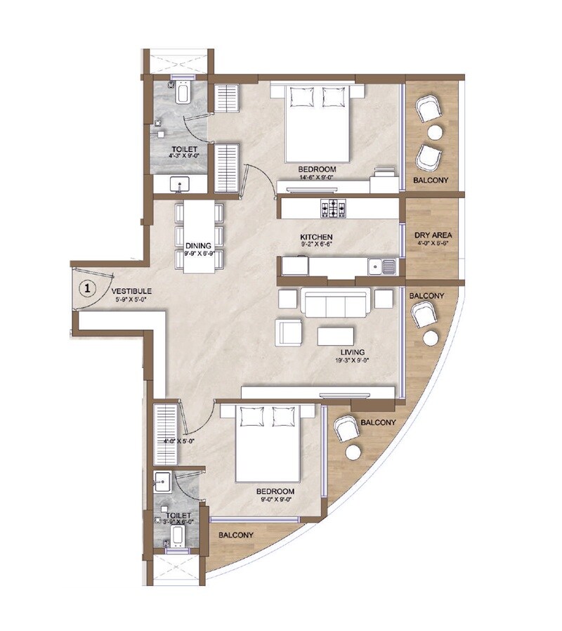 Floor plan of 2 BHK 581 Sq. Ft. Apartment in AIM Paradise, Mumbai