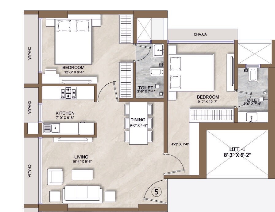 Floor plan of 2 BHK 805 Sq. Ft. Apartment in AIM Paradise, Mumbai