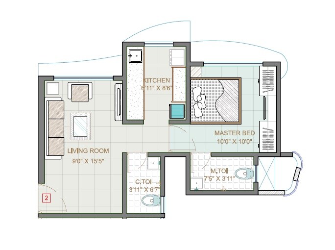 Floor plan of 1 BHK 369 Sq. Ft. Apartment in Aishwarya Heights Jogeshwari East, Mumbai