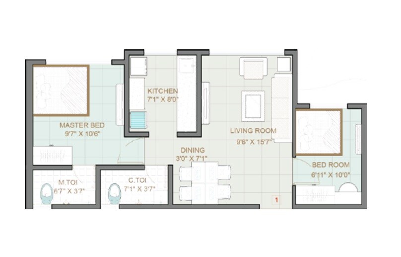 Floor plan of 2 BHK 545 Sq. Ft. Apartment in Aishwarya Heights Jogeshwari East, Mumbai