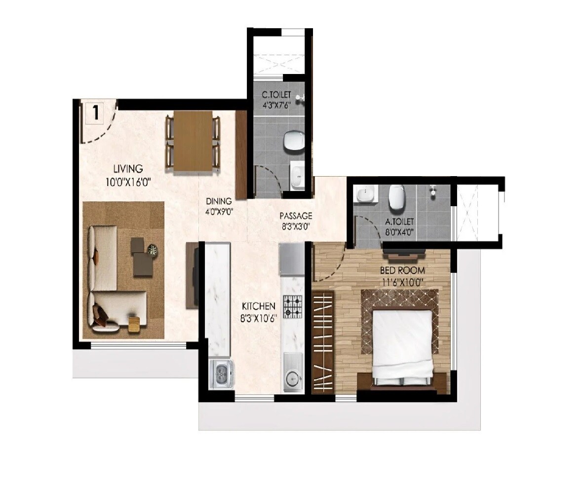 Floor plan of 1 BHK 420 Sq. Ft. Apartment in Atul Horizon, Mumbai