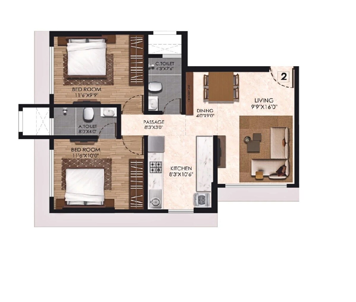 Floor plan of 2 BHK 530 Sq. Ft. Apartment in Atul Horizon, Mumbai
